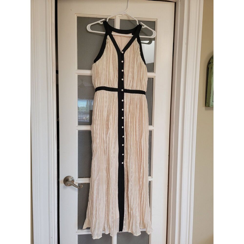 Pleated Shimmer Maxi Dress Button Front Black Contrast Trim Blush Pink Small S